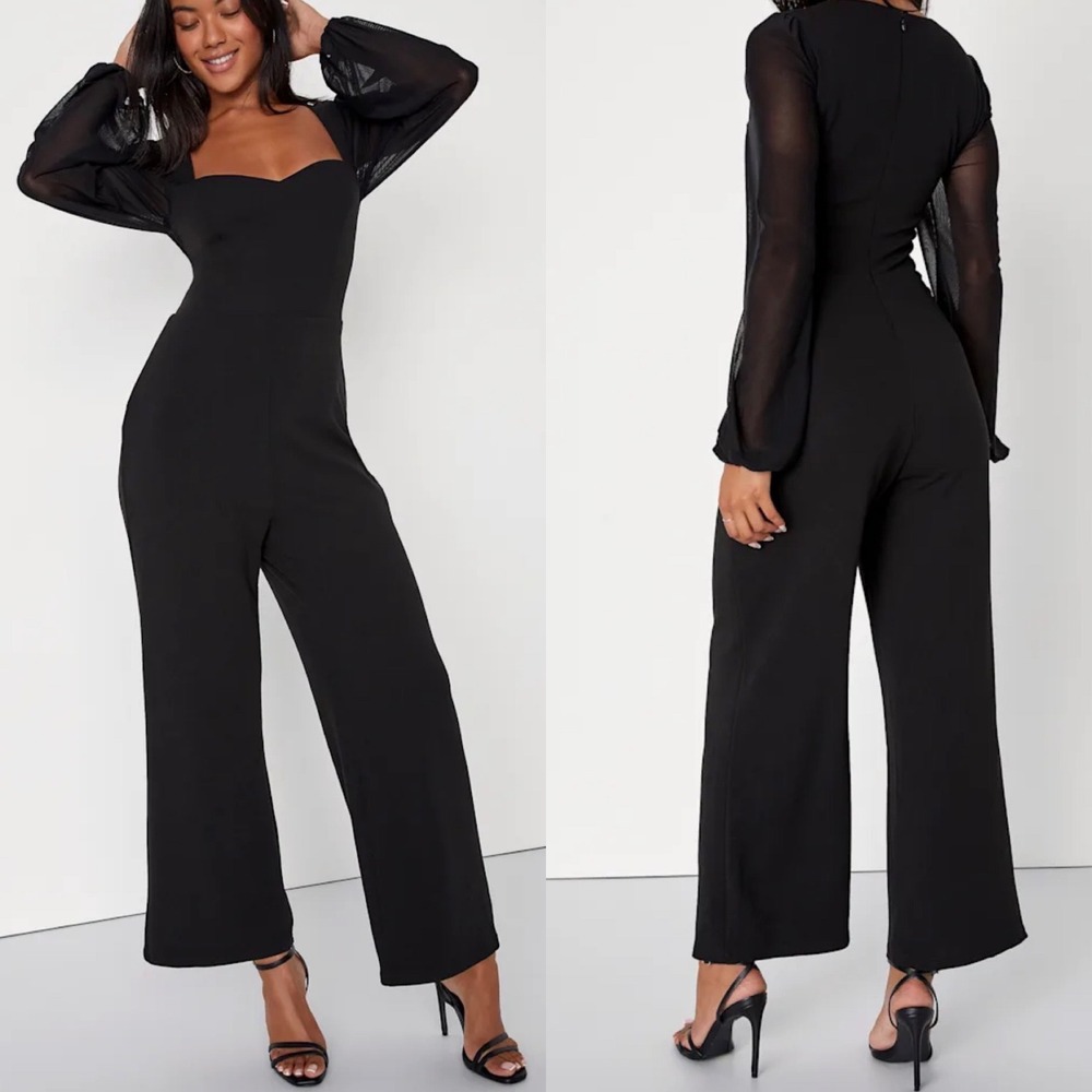 NWT Lulus Size Small Perfect Charisma Black Mesh Long Sleeve Wide-Leg Jumpsuit